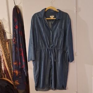 Denim Shirt Dress with Drawstring Waist